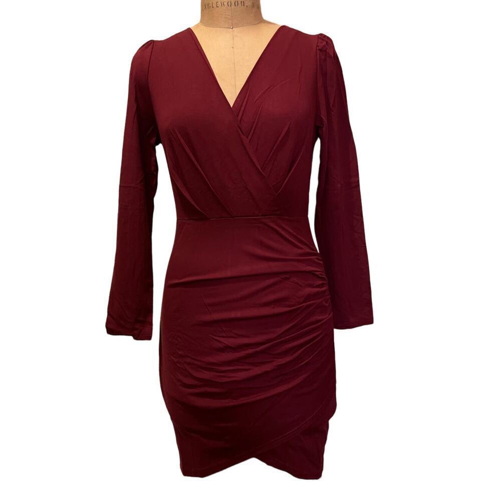 Sarin Mathews Deep V Neck Ruched Long Sleeve Mini Dress Burgandy NWT Size S